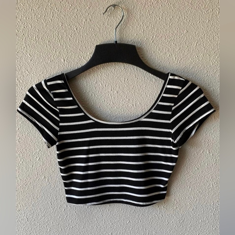 Poetry Small Black Cropped Top Short Sleeve Tee with White Stripes - Picture 7 of 7